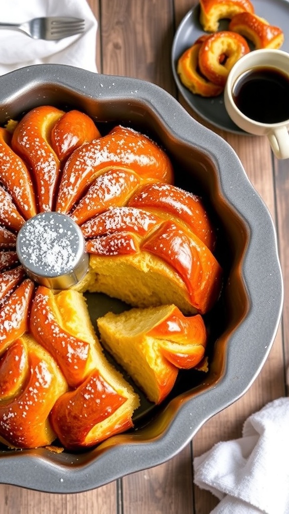 Cinnamon Sugar Monkey Bread Bundt A golden-brown monkey bread Bundt with cinnamon sugar, dusted with powdered sugar, on a rustic table.